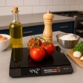 Waga elektroniczna 15 kg w eleganckiej kuchni z pomidorami i oliwą